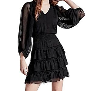 Women’s Black Sheer Sleeve Ruffled Tier Skirt Mini Cocktail Dress Sz Sm ~ NWT